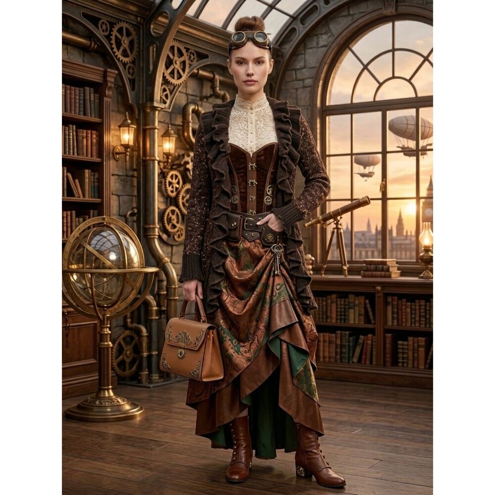 Whimsigoth Dark Fairycore Steampunk Brown Bell Cuffs Sweater Cardigan Size PL - Picture 8 of 8